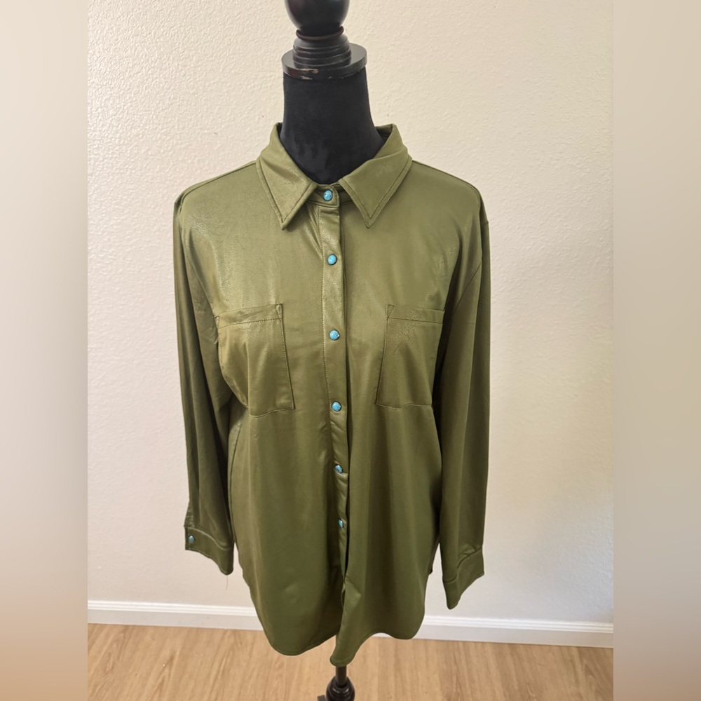 Elegant Olive Green Blouse with Blue Accents